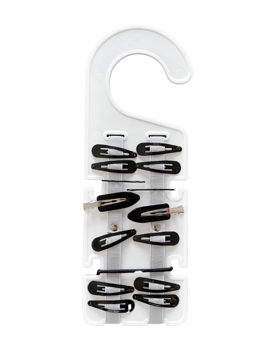 Classic Klipster hair accessories organizer with hanging hook. Compact, double-sided storage for clips, bows, scrunchies, ties, and more. Lightweight and travel-ready.