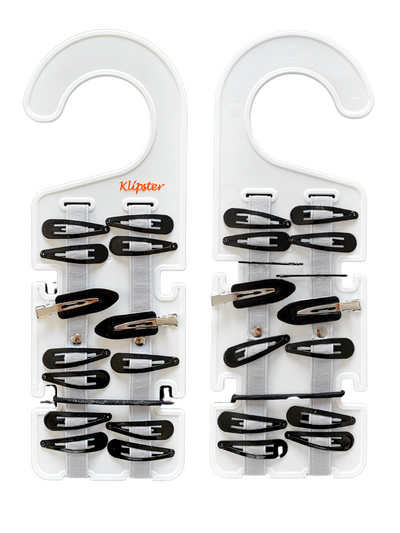Classic Klipster hair accessories organizer with hanging hook. Compact, double-sided storage for clips, bows, scrunchies, ties, and more. Lightweight and travel-ready.