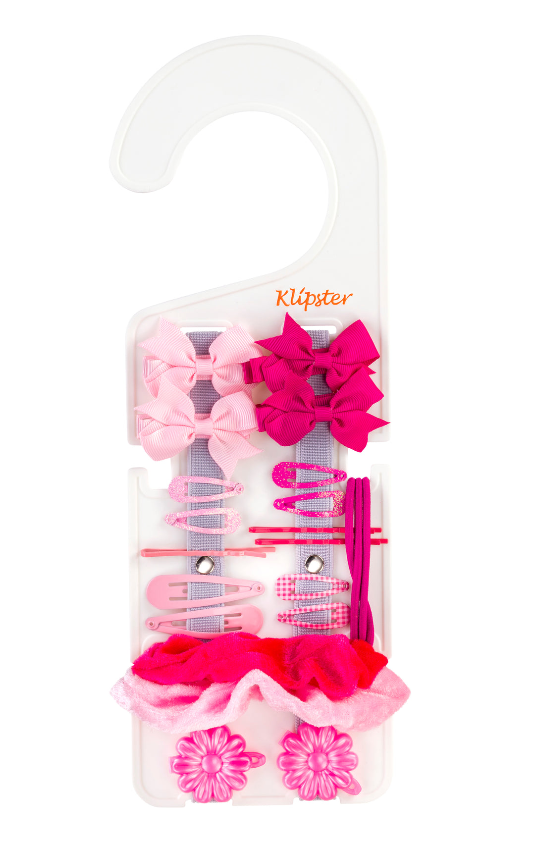 Classic Klipster hair accessories organizer with hanging hook. Compact, double-sided storage for clips, bows, scrunchies, ties, and more. Lightweight and travel-ready.