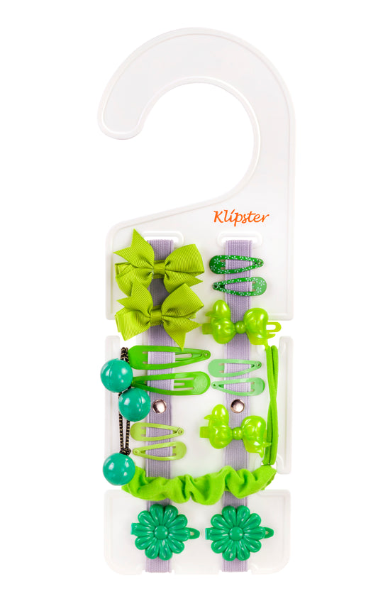 Classic Klipster hair accessories organizer with hanging hook. Compact, double-sided storage for clips, bows, scrunchies, ties, and more. Lightweight and travel-ready.