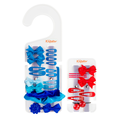 Classic Klipster and Mini Klipster  Hair Accessories Organizers are double-sided, lightweight, compact, and portable. They hold hair clips, hair bows, scrunchies, hair ties, and more.
