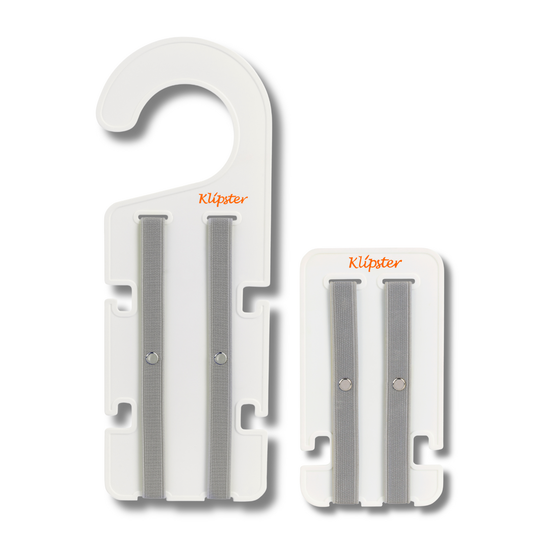 Classic Klipster and Mini Klipster hair accessories organizers. Compact, double-sided storage for clips, bows, scrunchies, ties, and more. Lightweight and travel-ready.