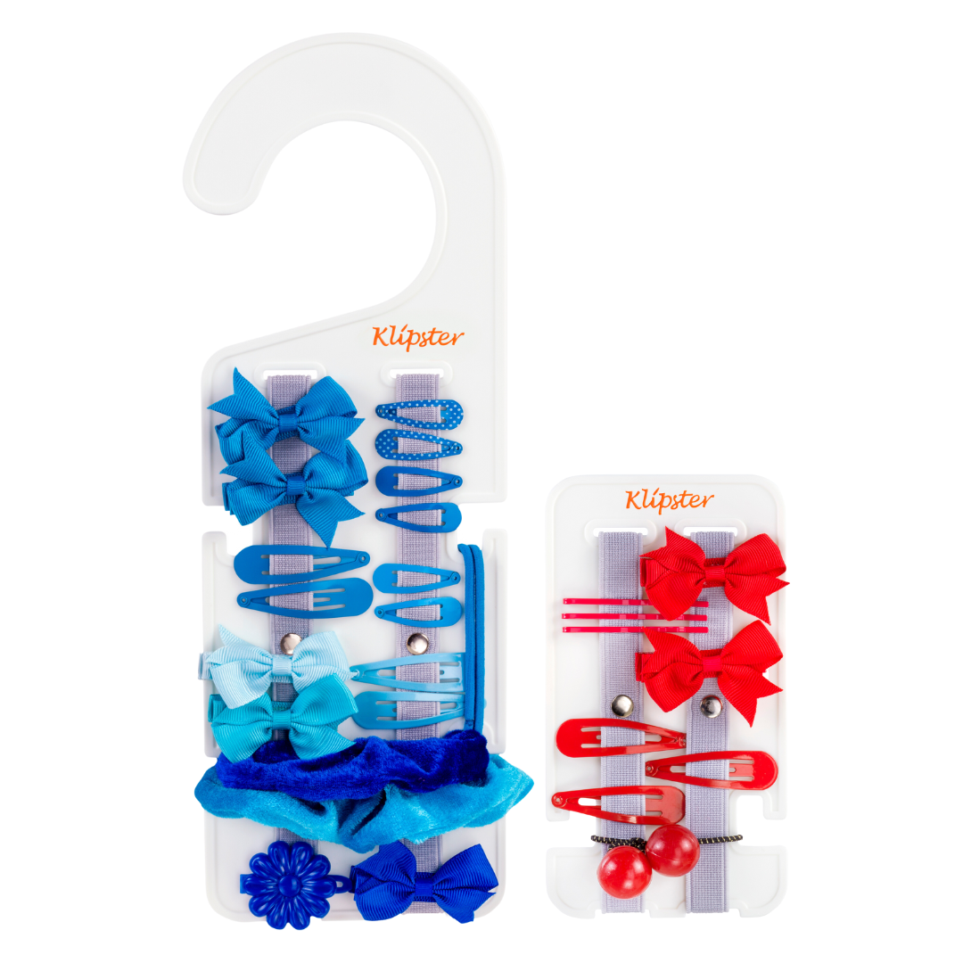 Classic Klipster and Mini Klipster hair accessories organizers. Compact, double-sided storage for clips, bows, scrunchies, ties, and more. Lightweight and travel-ready.
