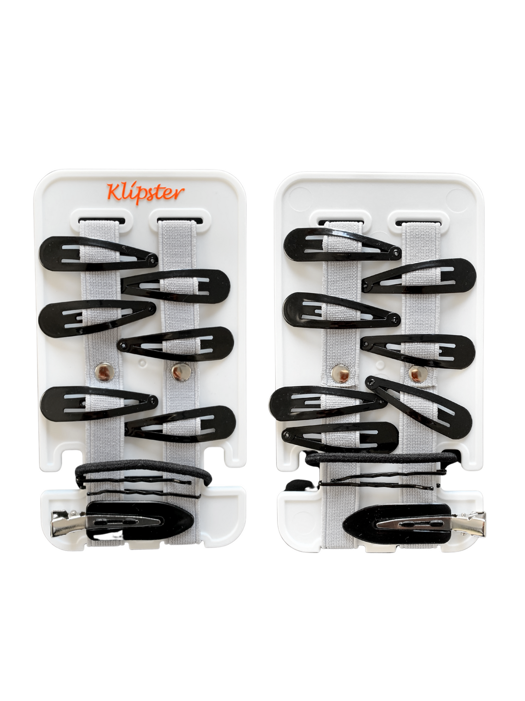 Mini Klipster hair accessories organizer next to an iPhone for size reference. Compact, portable storage for clips, scrunchies, and hair ties.