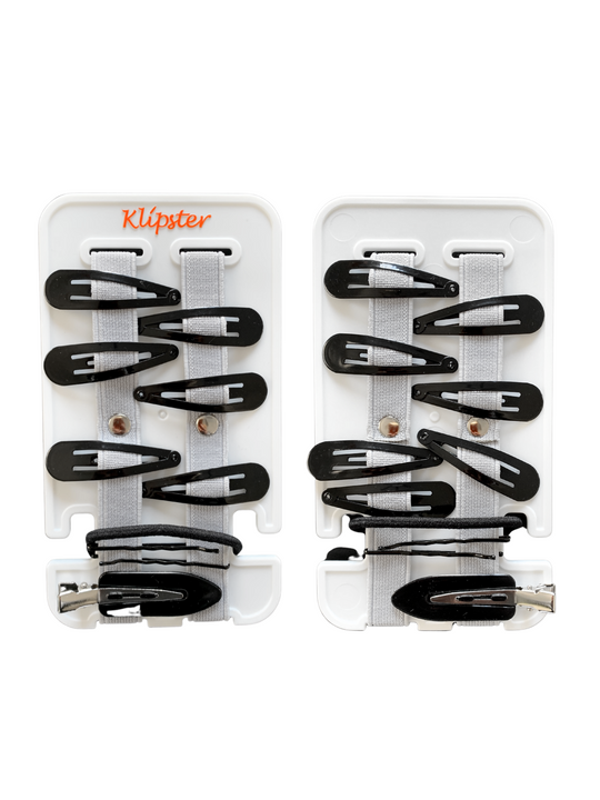 Mini Klipster hair accessories organizer next to an iPhone for size reference. Compact, portable storage for clips, scrunchies, and hair ties.