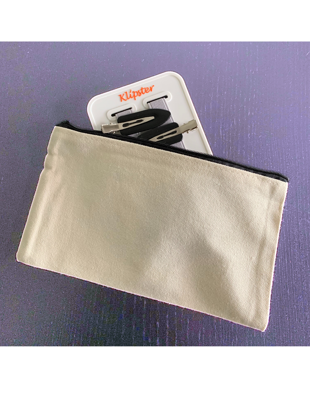 Canvas zippered Mini Klipster storage pouch. Compact and durable case to hold your Mini Klipster and keep hair accessories protected.