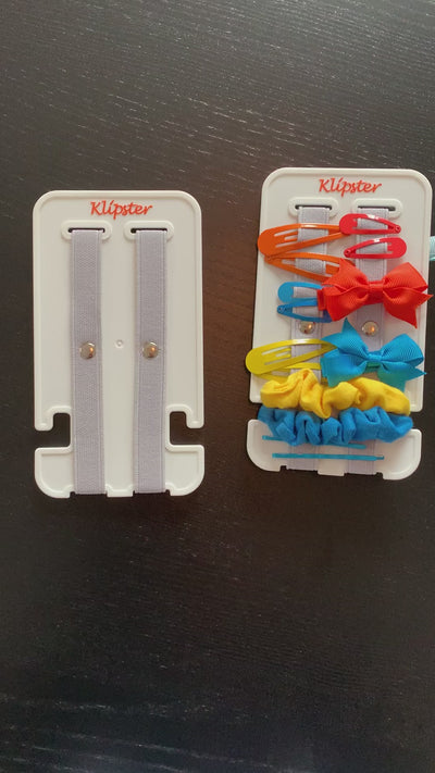 Video of the Mini Klipster Hair Accessories Organizer. Double-sided, lightweight, compact solution to hold hair clips, hair bows, scrunchies, hair ties, and more. Perfect for travel.