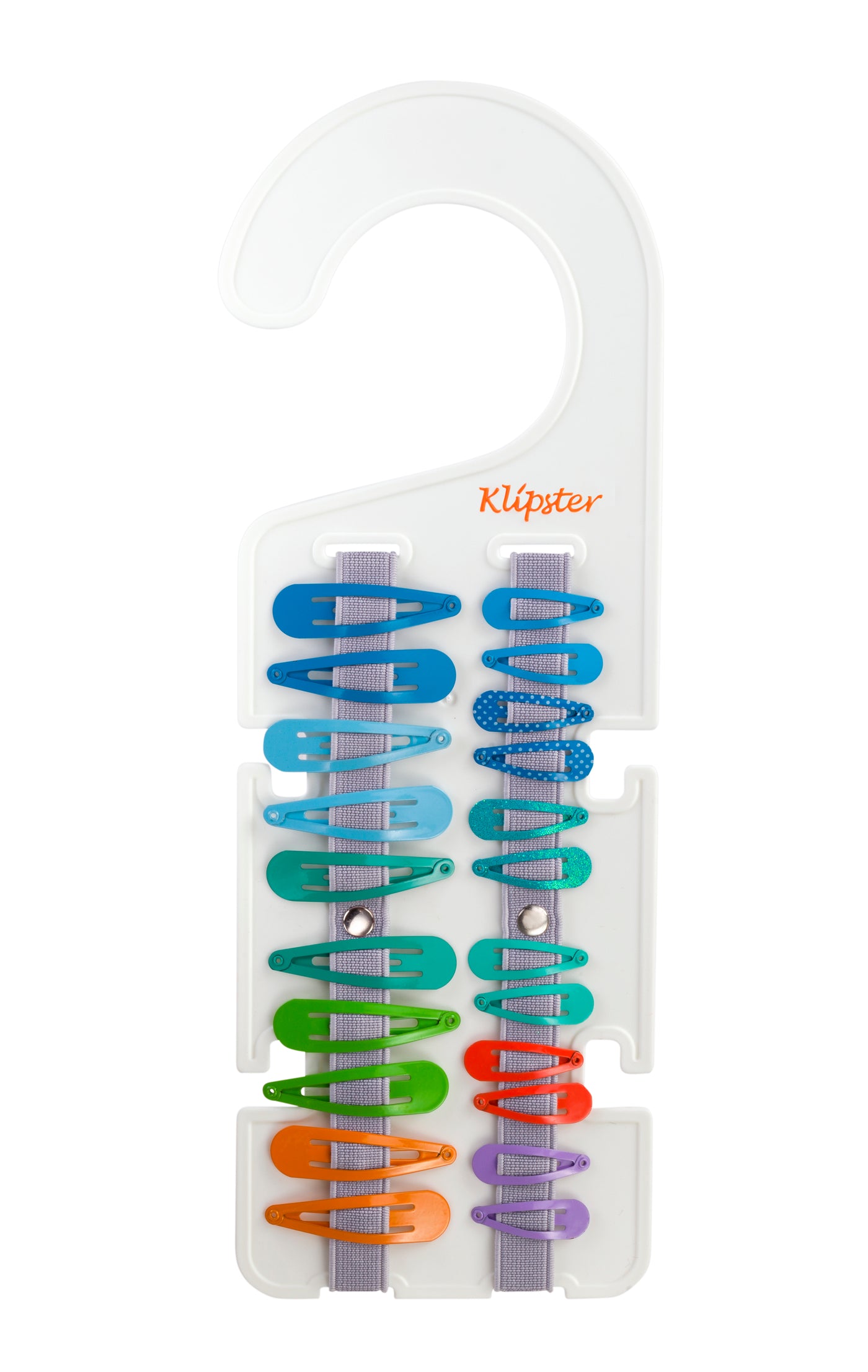 Multi-colored clips on the Classic Klipster hair accessories organizer. Double-sided, lightweight, and compact way to store hair clips, hair bows, scrunchies, hair ties, and more.
