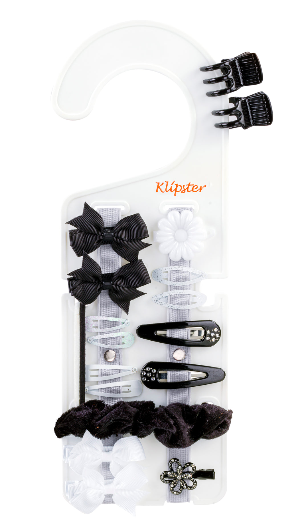Classic Klipster hair accessories organizer with hanging hook. Compact, double-sided storage for clips, bows, scrunchies, ties, and more. Lightweight and travel-ready.