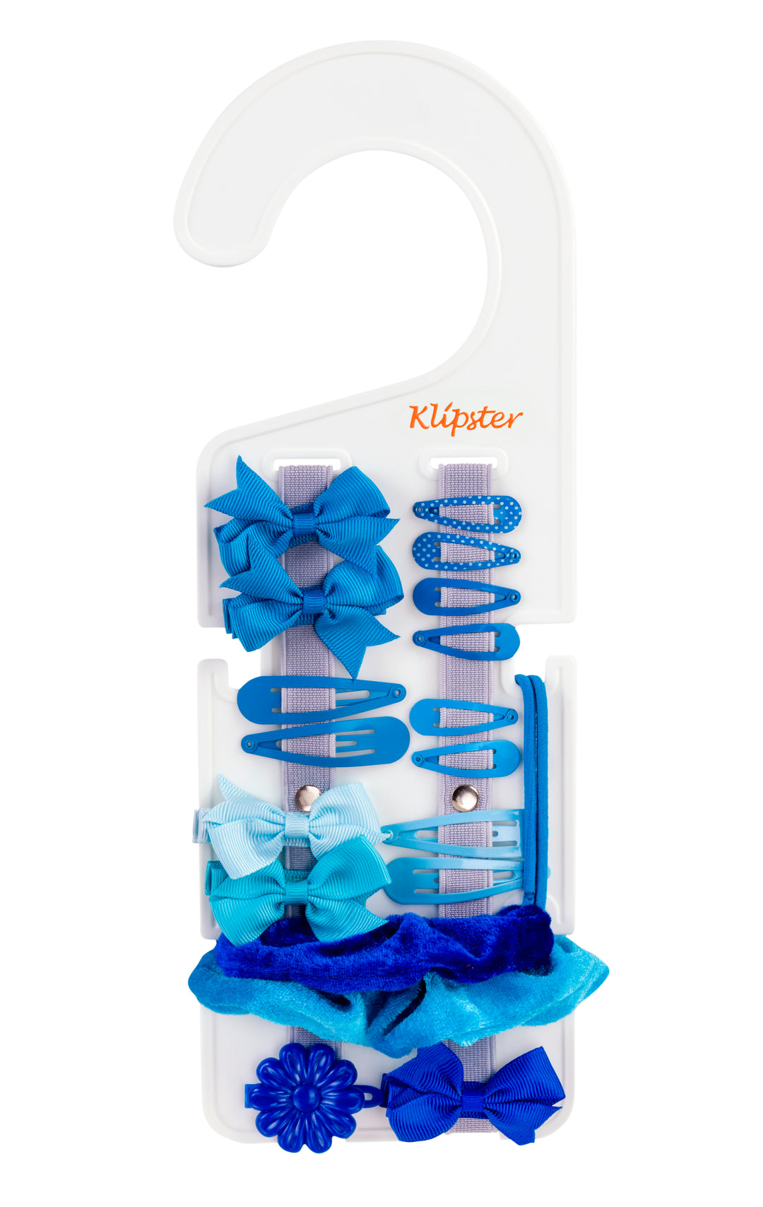 Classic Klipster hair accessories organizer with hanging hook. Compact, double-sided storage for clips, bows, scrunchies, ties, and more. Lightweight and travel-ready.