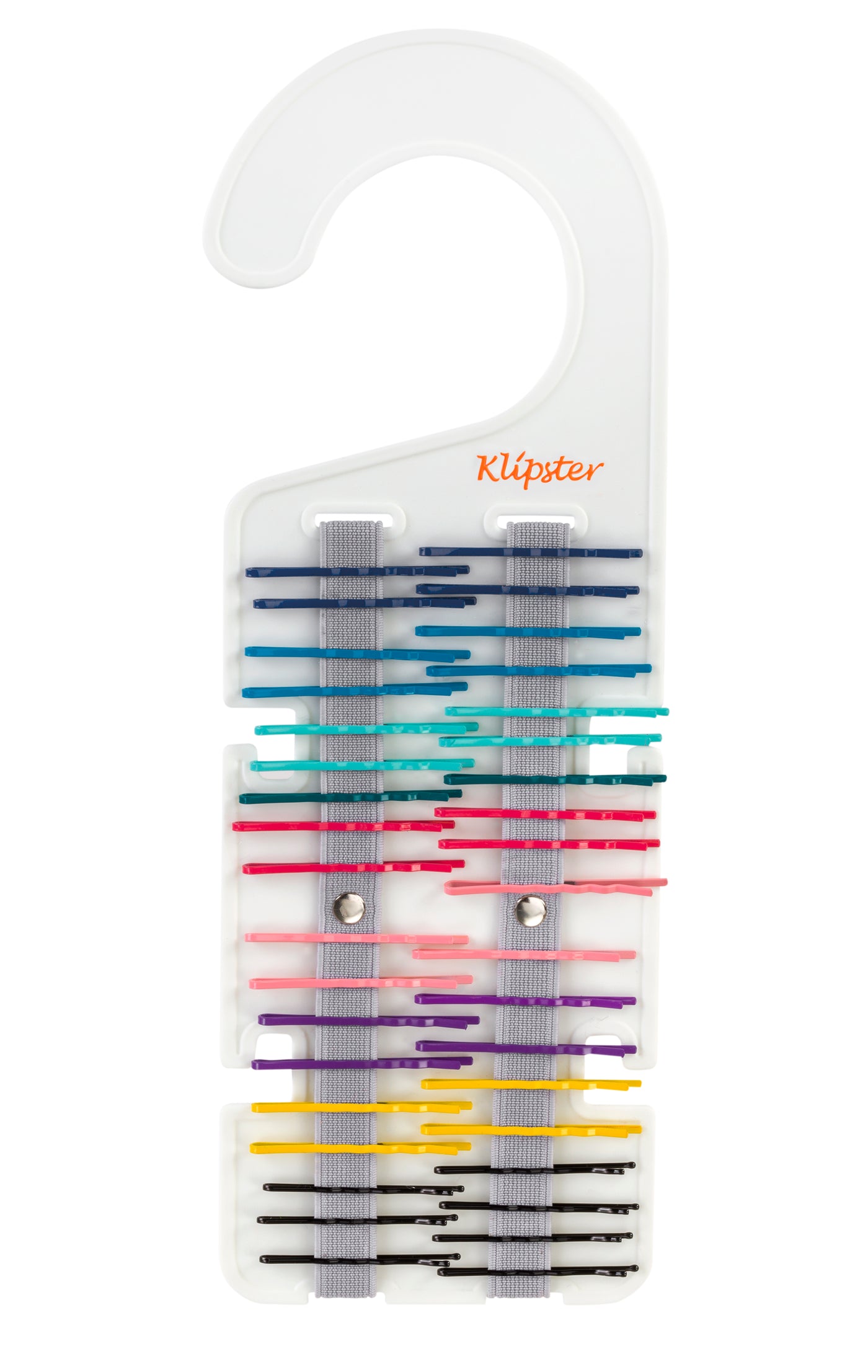 Classic Klipster hair accessories organizer with hanging hook. Compact, double-sided storage for clips, bows, scrunchies, ties, and more. Lightweight and travel-ready.