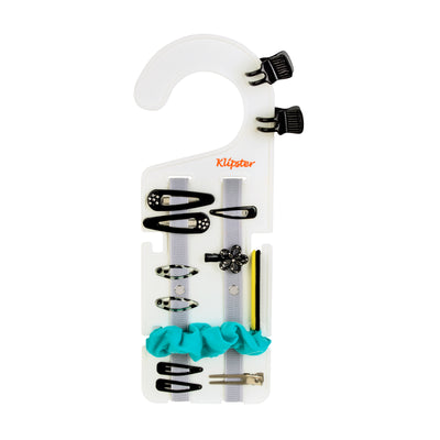 Classic Klipster hair accessories organizer with hanging hook. Compact, double-sided storage for clips, bows, scrunchies, ties, and more. Lightweight and travel-ready.