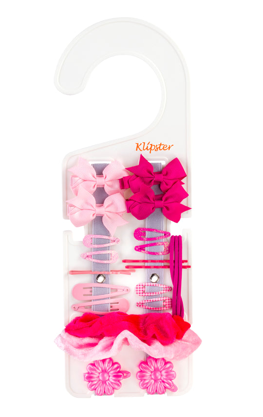 Classic Klipster hair accessories organizer with hanging hook. Compact, double-sided storage for clips, bows, scrunchies, ties, and more. Lightweight and travel-ready.