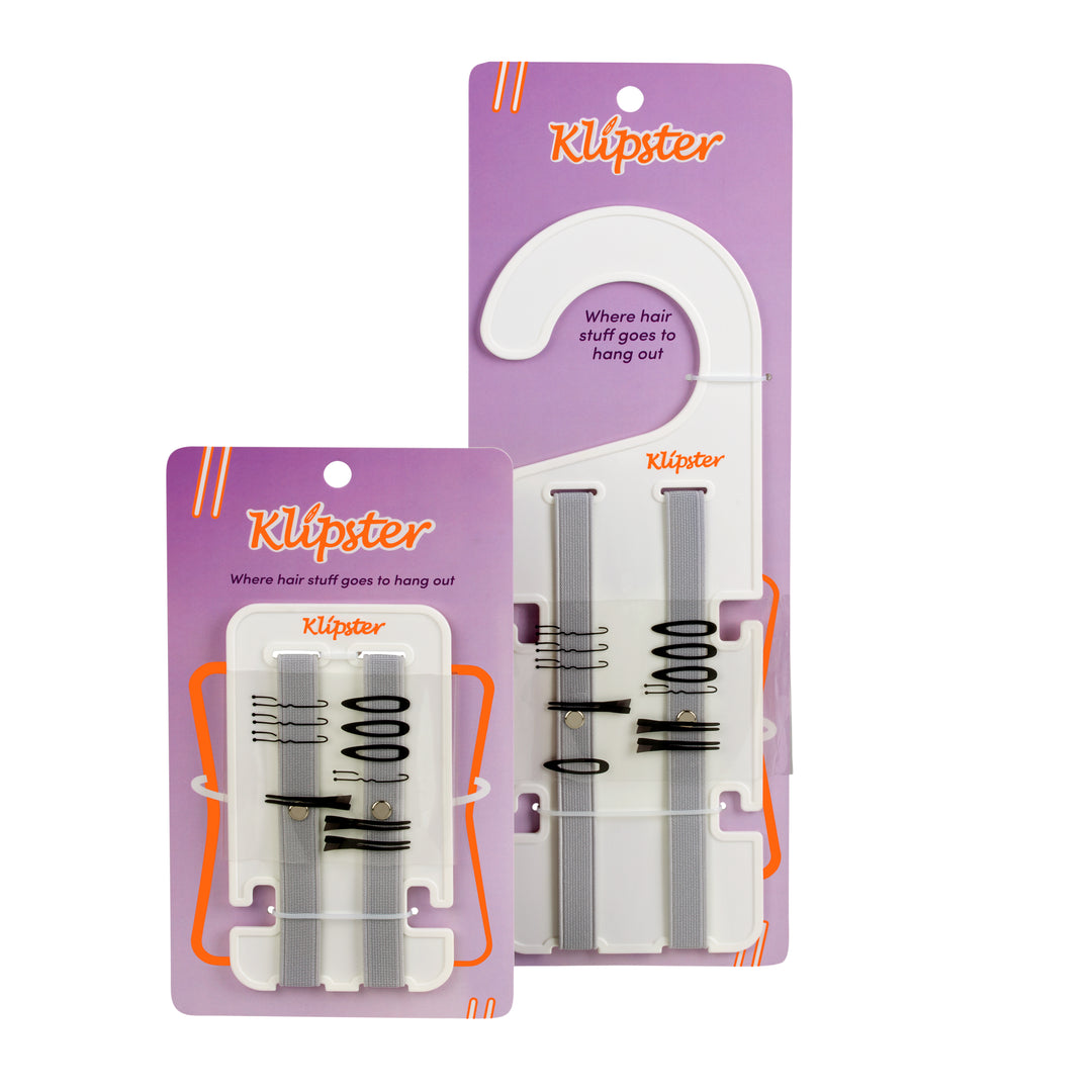 Classic Klipster and Mini Klipster hair accessories organizers. Compact, double-sided storage for clips, bows, scrunchies, ties, and more. Lightweight and travel-ready.