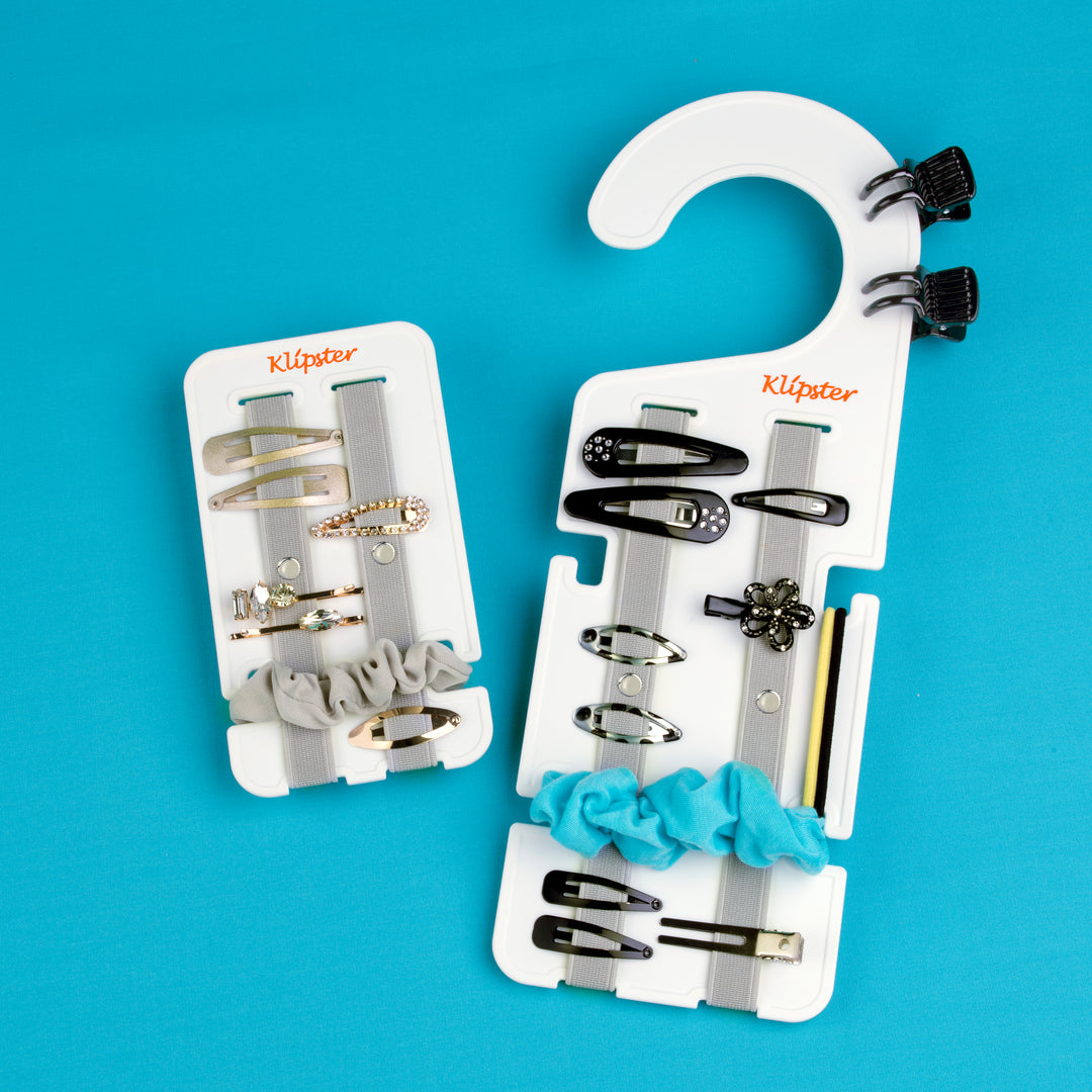 Classic Klipster and Mini Klipster hair accessories organizers. Compact, double-sided storage for clips, bows, scrunchies, ties, and more. Lightweight and travel-ready.