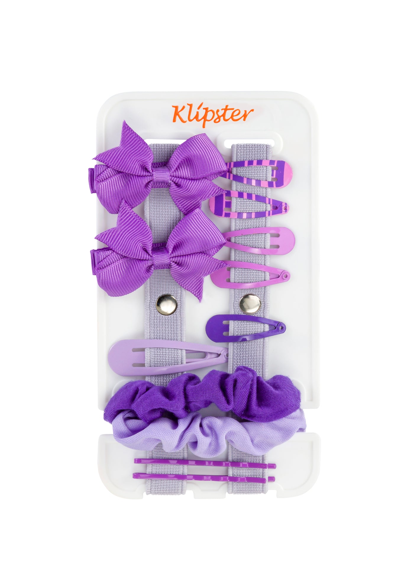 Purple bows, clips, and scrunchies on the Mini Klipster hair accessories organizer