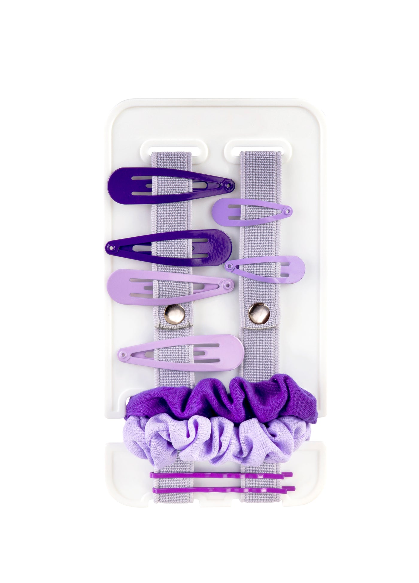 Purple clips and scrunchies on the back of the Mini Klipster hair accessories organizer