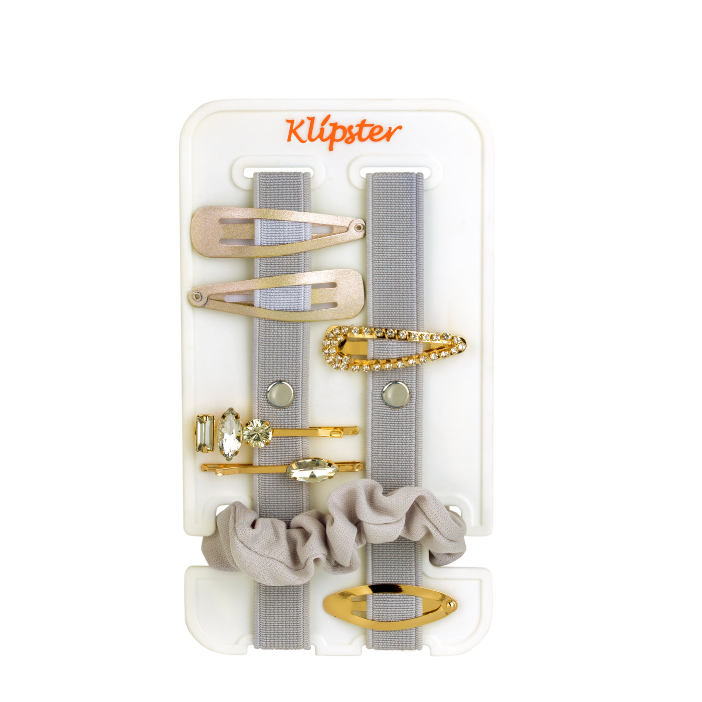 Mini Klipster hair accessories organizer. Compact, double-sided storage for clips, bows, scrunchies, and ties. Lightweight and travel-ready.