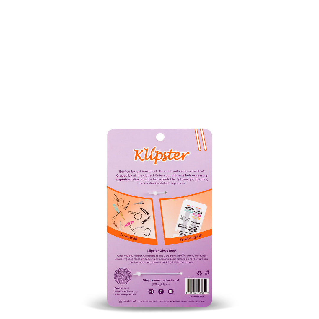 Mini Klipster hair accessories organizer. Compact, double-sided storage for clips, bows, scrunchies, and ties. Lightweight and travel-ready.