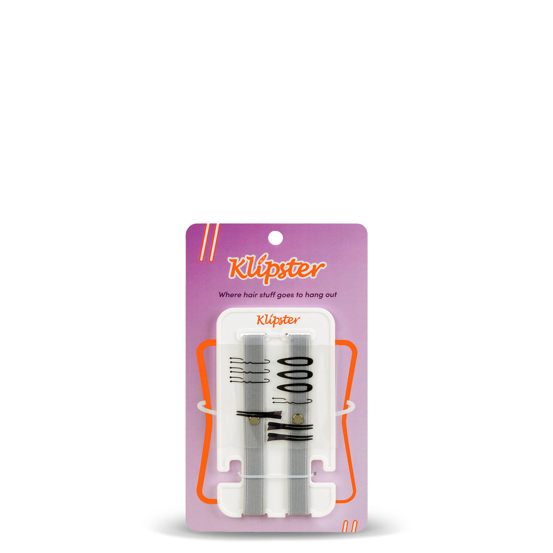 Mini Klipster hair accessories organizer. Compact, double-sided storage for clips, bows, scrunchies, and ties. Lightweight and travel-ready. 